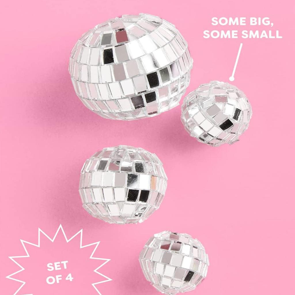 4pcs Disco Ball Cake Toppers, 3 Sizes Mini Silver Disco Balls for Bachelorette Party, 70s Space Cowboy Birthday Decor