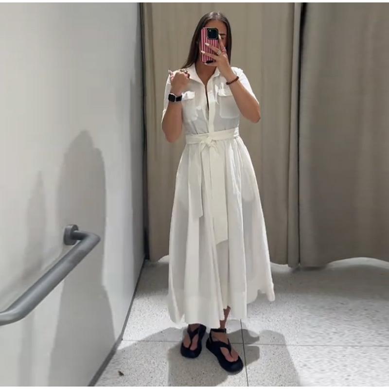 Casual Striped Women Dress Lapel Single Breasted Short Sleeve Slim Waist Long Dresses New Lady Fashion Vacation Robe