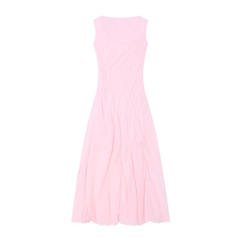 Pink u-neck sleeveless vest dress women's summer slim-fit waist lace skirt design Spice girl a-word long dress