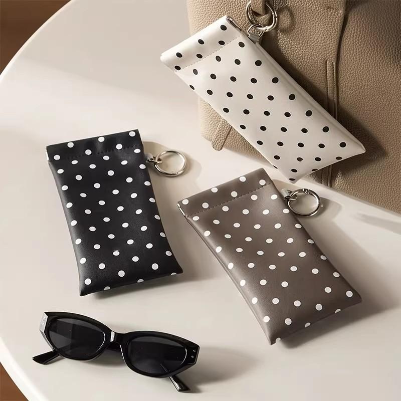 1Pc Polka Dot Eyeglass Pouch With Keychain Portable Scratch-Resistant Soft Glasses Case Storage Bag For Women Daily Use Travel