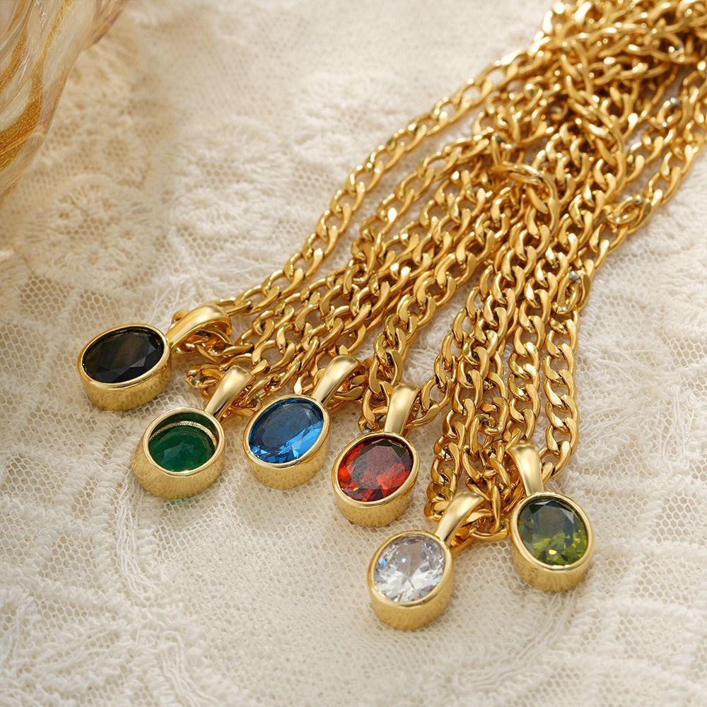 Multicolour Oval Crystal Necklace Stainless Steel Gemstone Necklace Party Jewelry