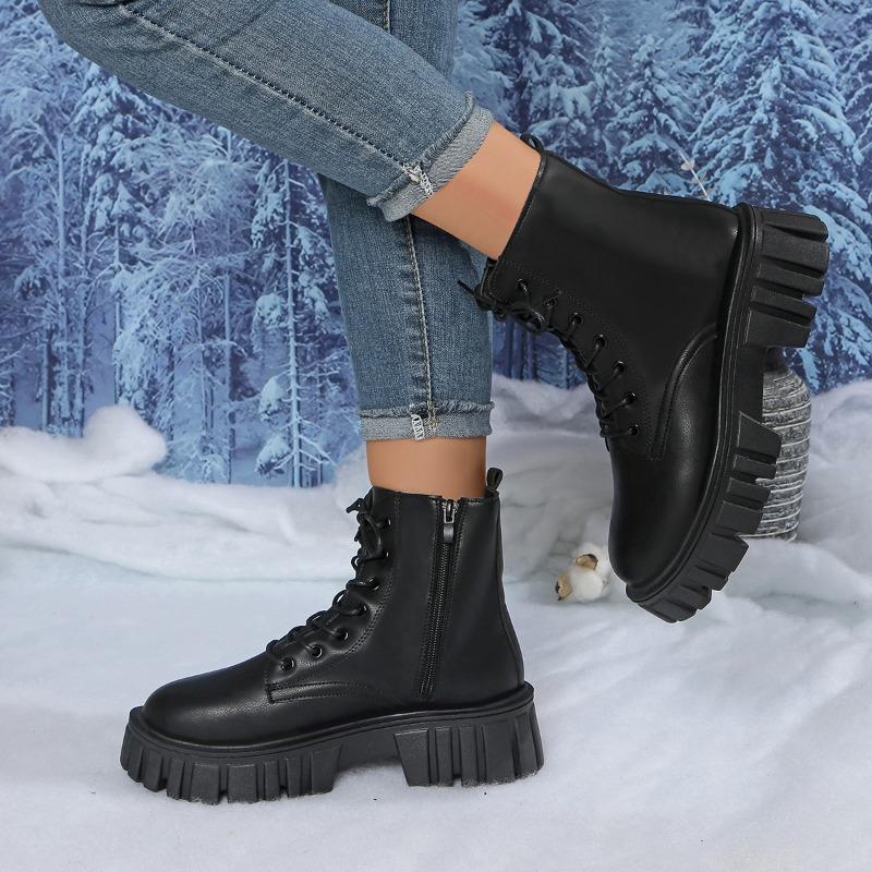 New Heightened Platform British Booties Women'S Round Toe Lace-Up Zip Soft Slip Booties