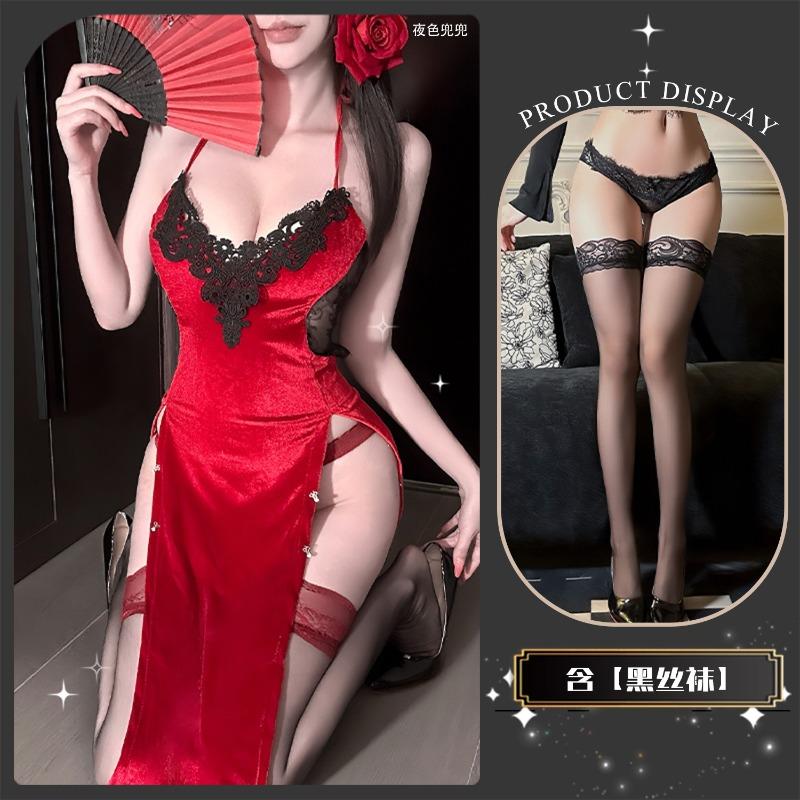 Sexy Underwear Human Cinnabar Mole Deep Velvet Nightdress Sexy Pure Desire High Split Ends Show Buttocks Free of Low Chest Y