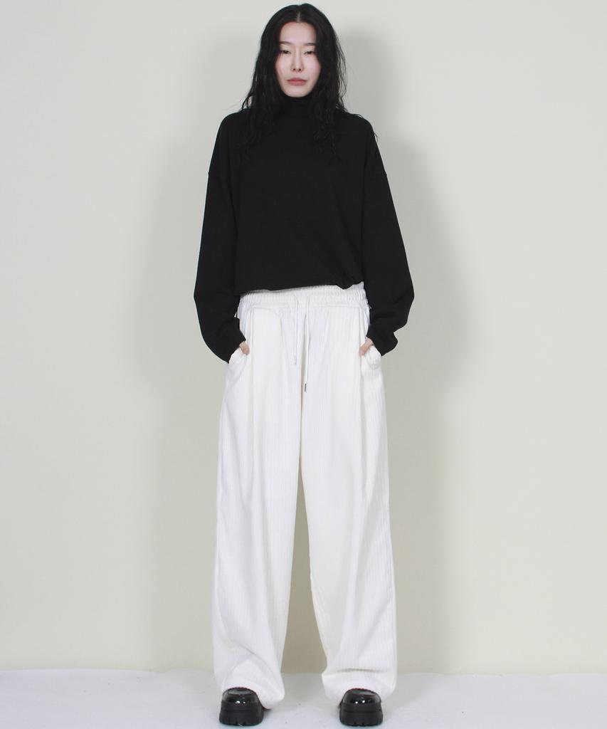 Deumakeu Wide-Fit Corduroy One-Pleat Elastic Pants White