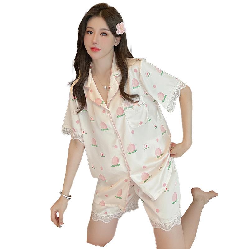 Sweet And Cute Girl Peach Jacquard Pajamas Ice Silk Short-Sleeved Shorts Lace Lace Summer Thin Loungewear