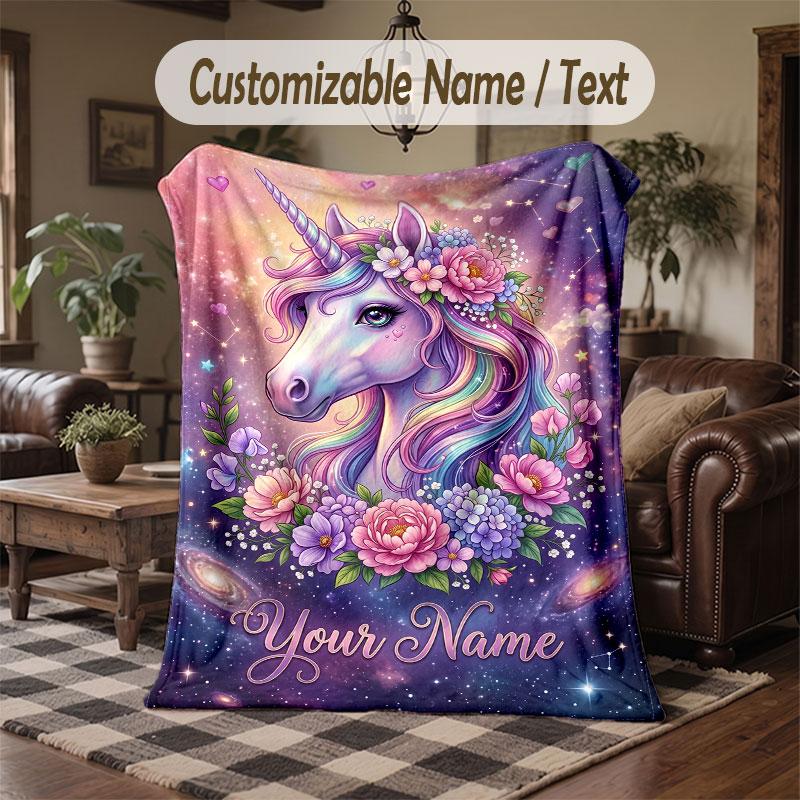 Unicorn Theme Throw Blanket Custom Name Text Personalized Blanket Soft Cozy Blanket for Home Sofa Bed
