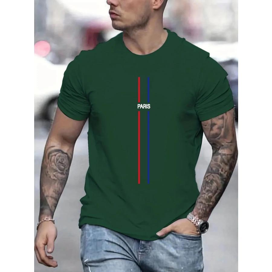 Men's Summer Loose Fit PARIS Print T-shirt Tops Fitness Sportswear Stretch Breathable Oversized Shirt Men's Clothing