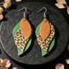 Cross-border Retro Green & Brown Leopard Print Layered Leather Leaf Earrings