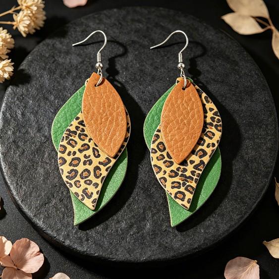 Cross-border Retro Green & Brown Leopard Print Layered Leather Leaf Earrings