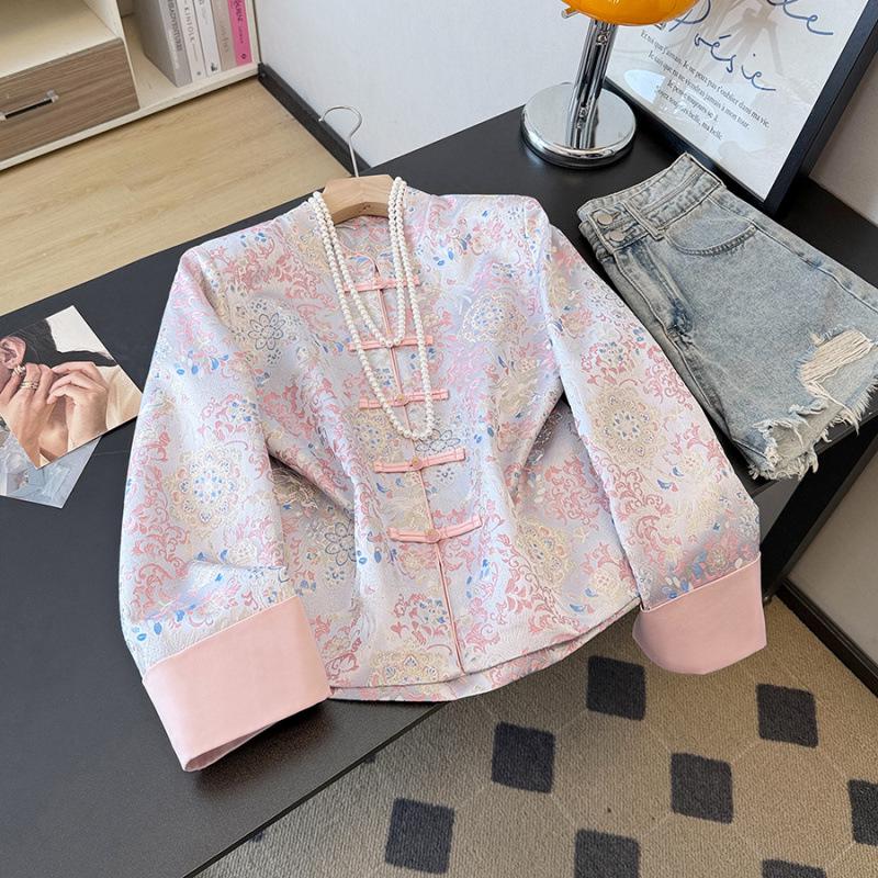 Elegant Oriental Jacquard Satin Plus Size Jacket for Middle-Aged Women S розовый