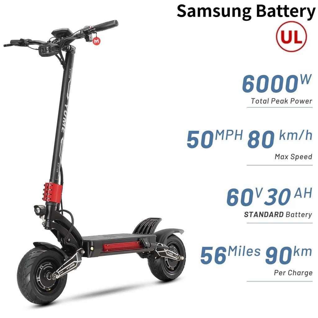 YUME Raptor Elektrická koloběžka 60V30AH 6000W Duální motor 11palcové terénní pneumatiky Maximální rychlost 80 km/h pro dospělé E-koloběžky s Bluetooth