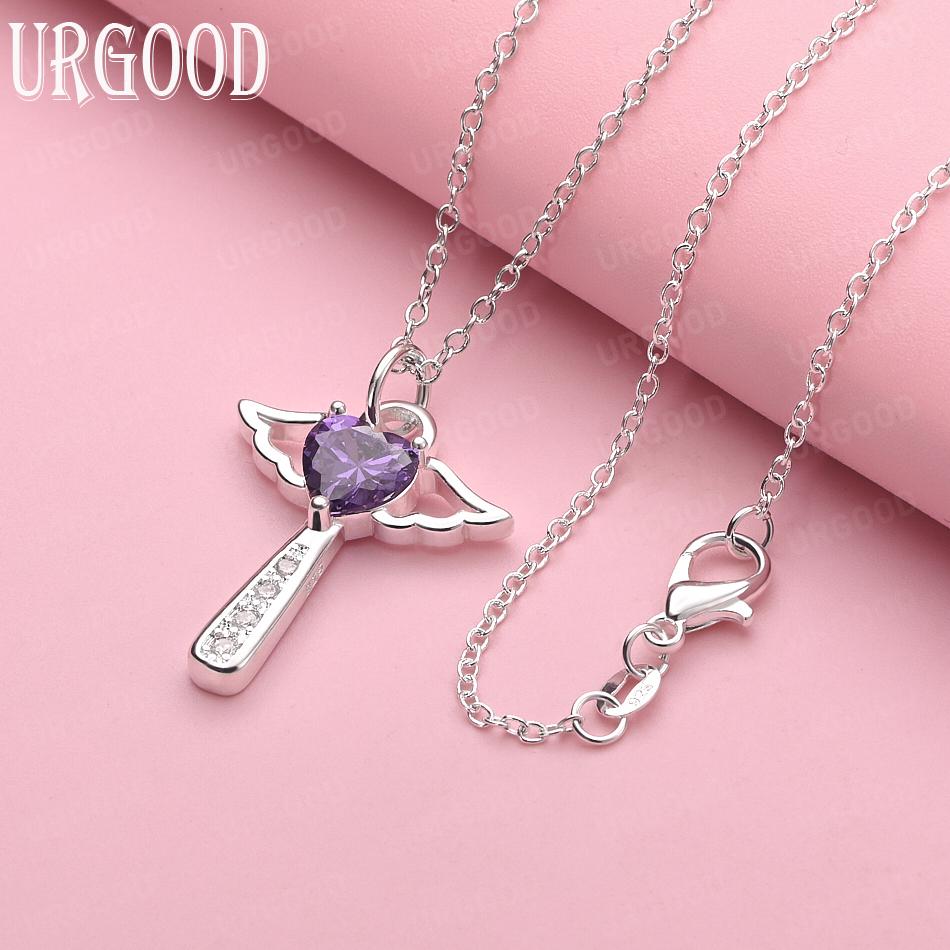 

925 Sterling Silver Cross Purple AAA Zircon Pendant Necklace Fashion Wedding Jewelry 45cm
