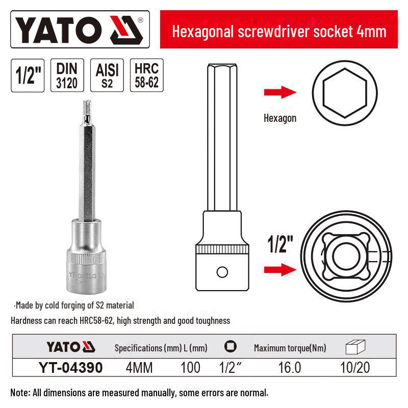 YATO 1/2" Hex Screwdriver Socket Set, S2 Batch Head, Chrome Vanadium Steel