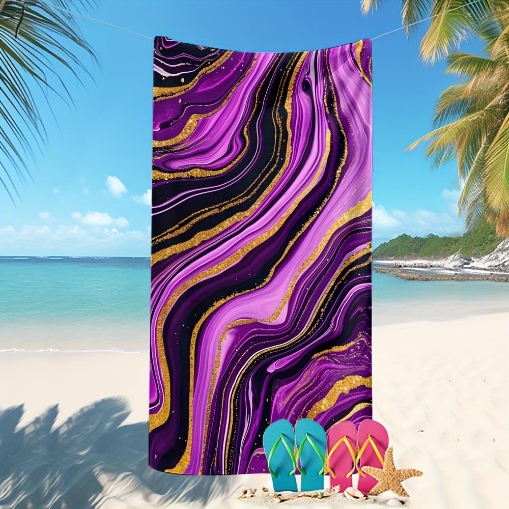 1Pc Microfiber Beach Towel Waterproof Sandproof 2D Flat Printed Purple Gold Marble Fluid Art Summer Vacation Pool Bath Towel