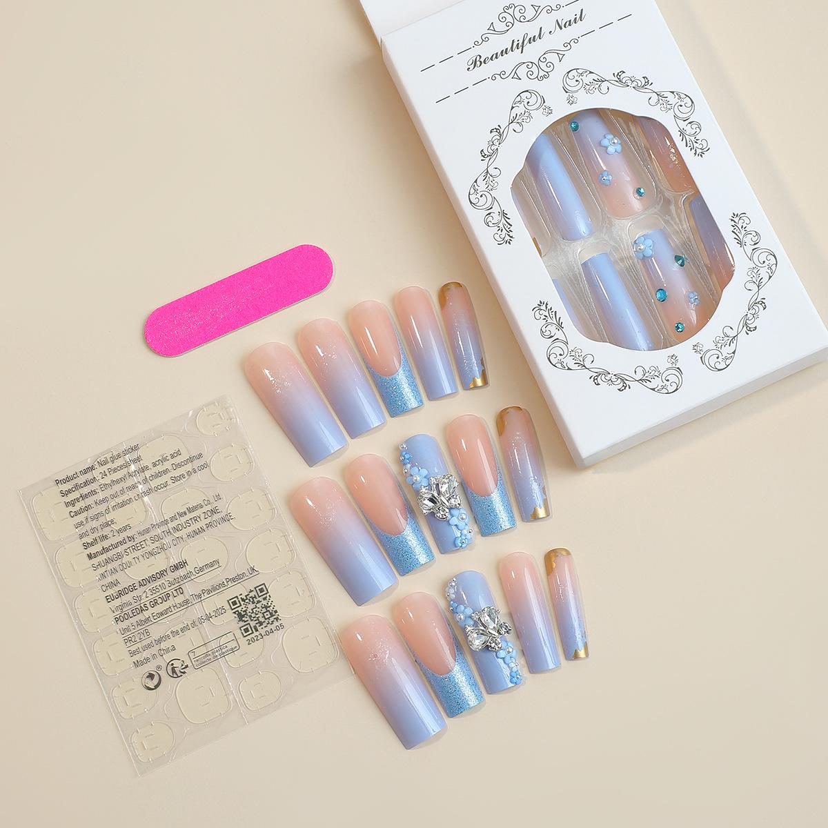 

Autumn/Winter Blue Glitter Flower Bow Press-On Nails - Chic and Sweet Nail Art for a Cool Girl Vibe