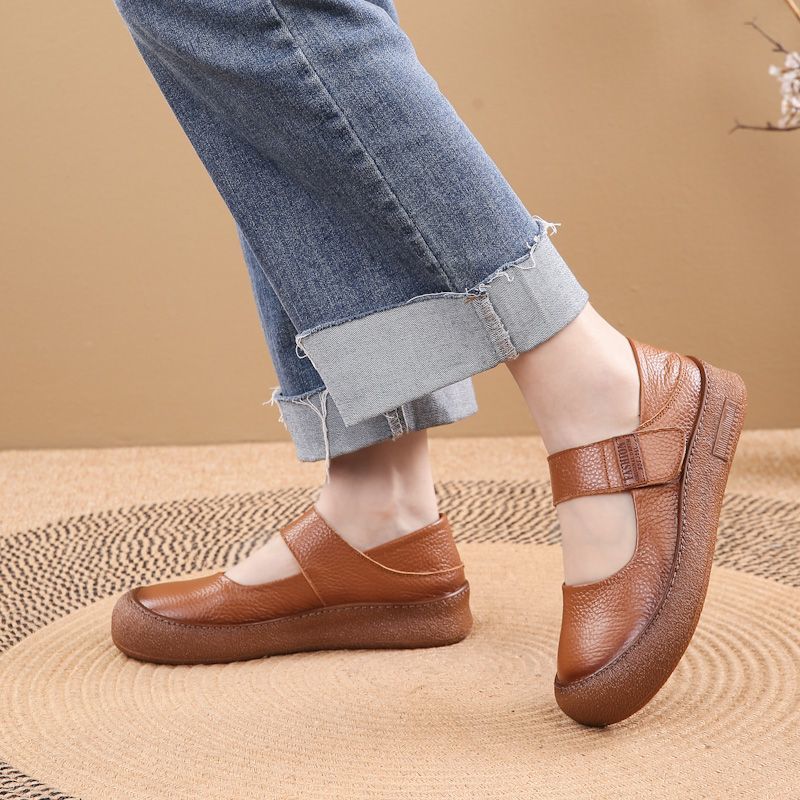 Fashion New authentic cow leather flats woman summer mary jane shoes for women autumn soft strappy loafer ladies daily walk shoes travel