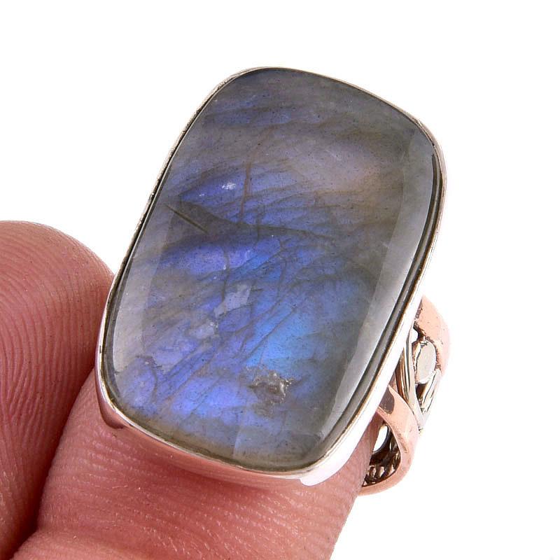

Natural Labradorite Gemstone Handmade 925 Sterling Silver Two Tone Ring S.7 E0C60