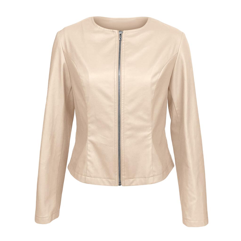 Women's Casual Long-Sleeved Solid Color PU Motorcycle Leather Jacket