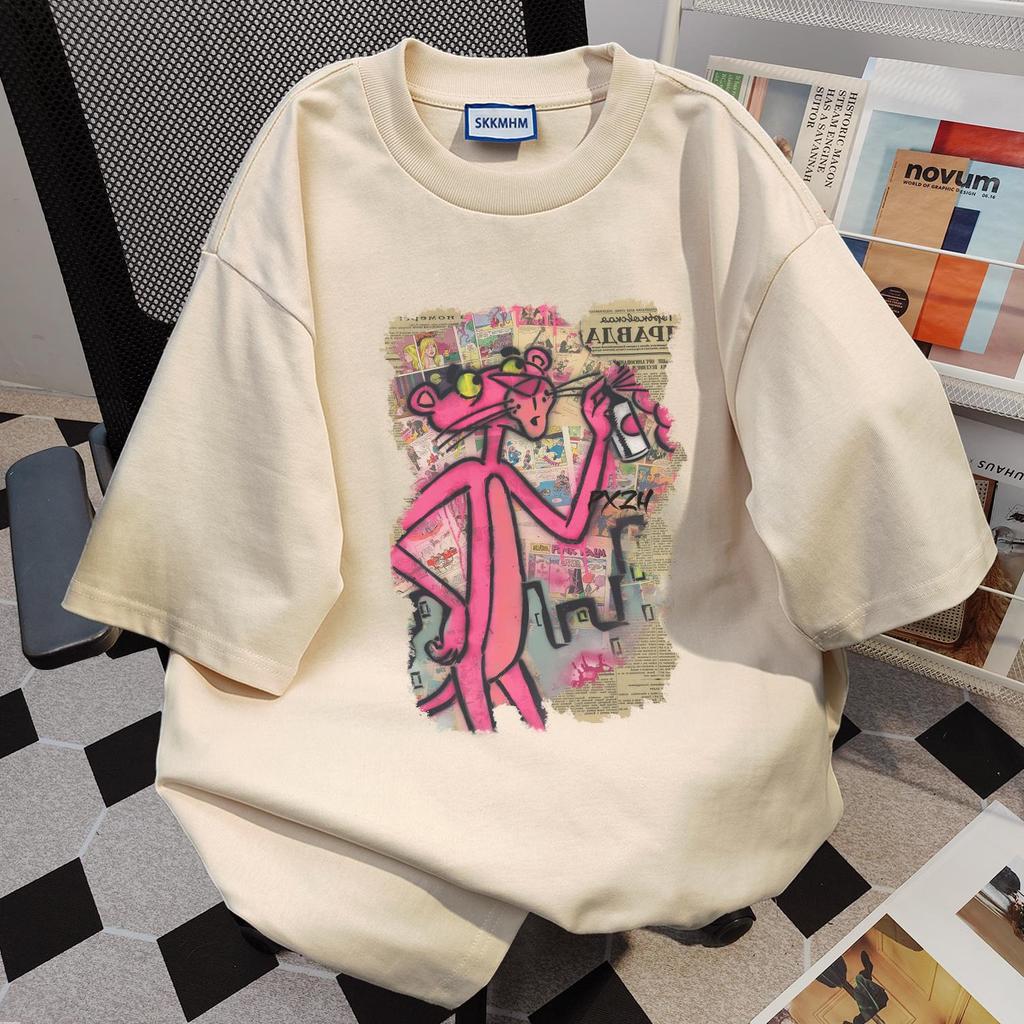 Dam sommar 2024 Lös passform Tecknad tryck Bomulls-T-shirt - Amerikansk stil, Kort ärm, Mångsidig för par, Finns i vitt och grått.