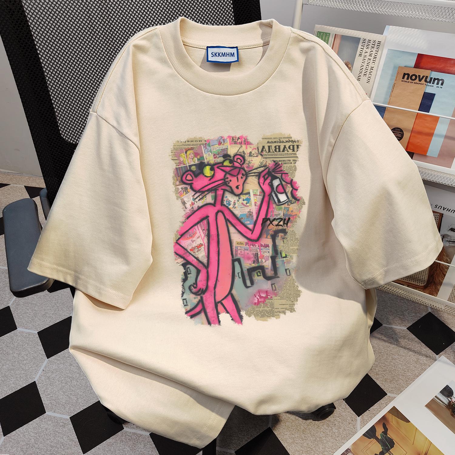 

Женская летняя хлопковая футболка свободного кроя с мультяшным принтом 2024 года - американский стиль, короткий рукав, универсальная для пар, доступна в белом и сером цветах. 3XL