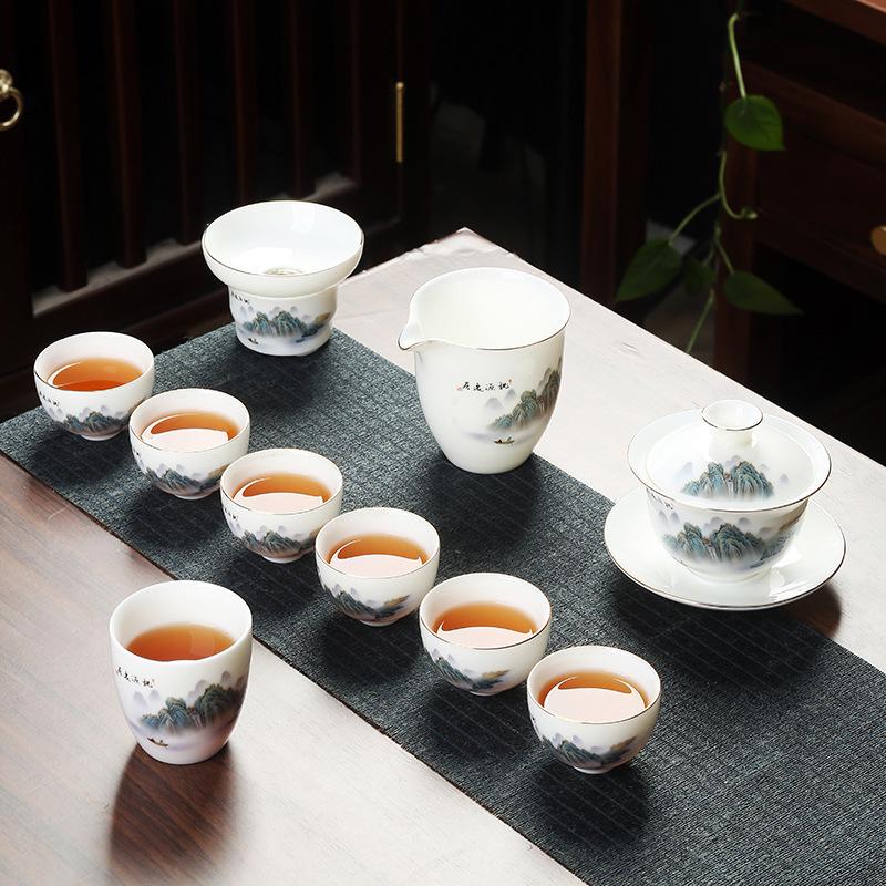 Ceramic suet jade porcelain kung fu tea set with gifts for home use