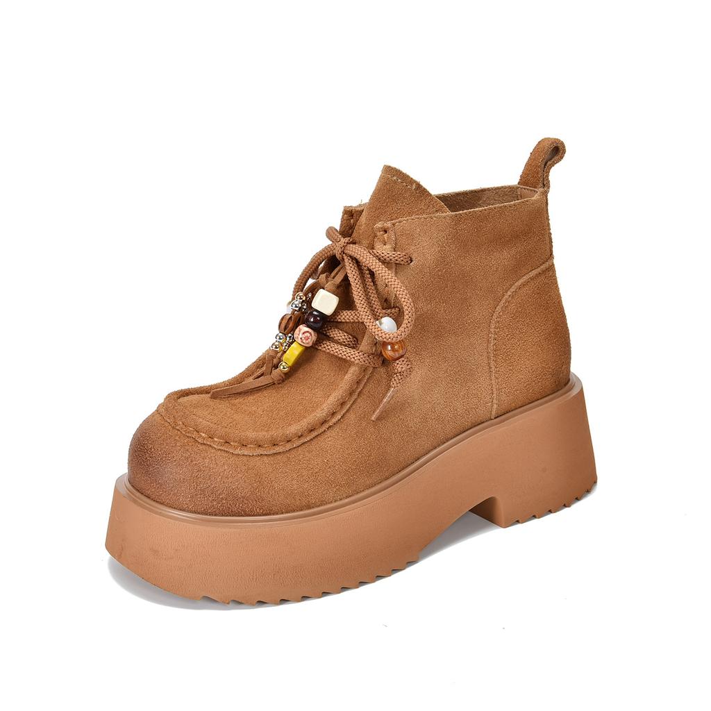 Johnature Thick Soled Handmade Beaded Round Toe Genuine Leather Short Boots Women's Lace-up Ankle Boots