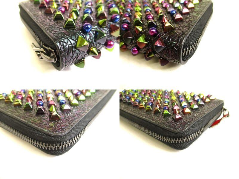 Authentic Christian Louboutin Panettone Black Leather Multicolor Spikes Round Zip Wallet #9746  Refurbished