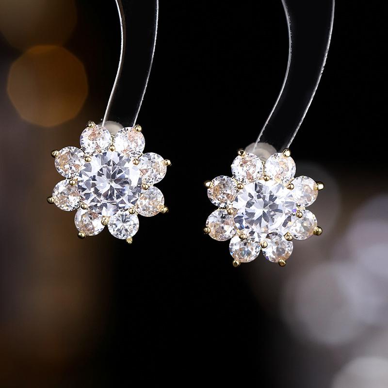 925 Silver Needle Flower Crystal Earrings, Korean Style High-End Zircon Studs, Sweet Dopamine Design for Women