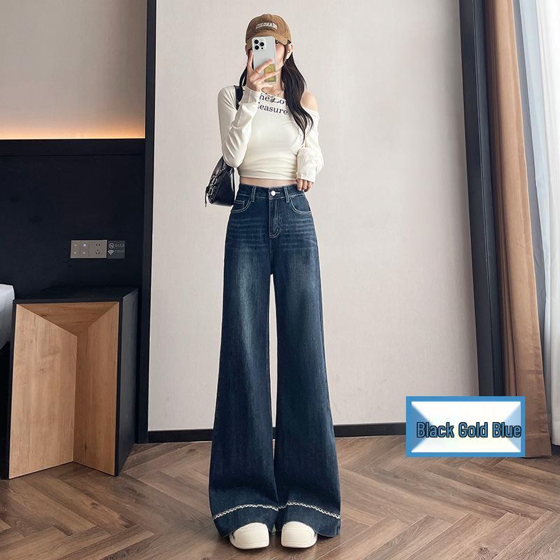 Black Gold Blue High-Waisted Stretchy Wide-Leg Retro Denim Jeans L