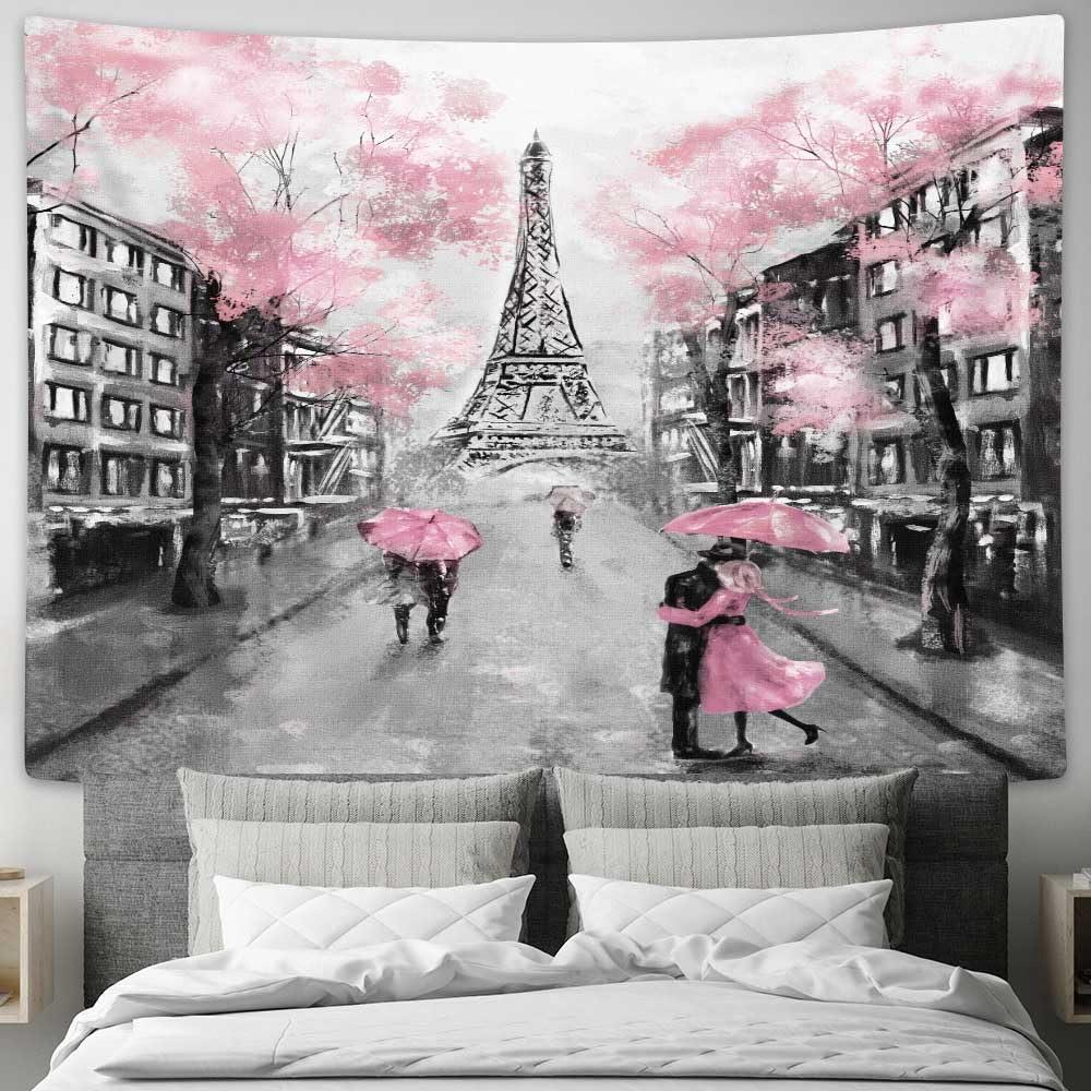 Romantic Oil Painting Style Eiffel Tower & Pink Umbrella Print Wall Hanging, for Living Room Bedroom Decor