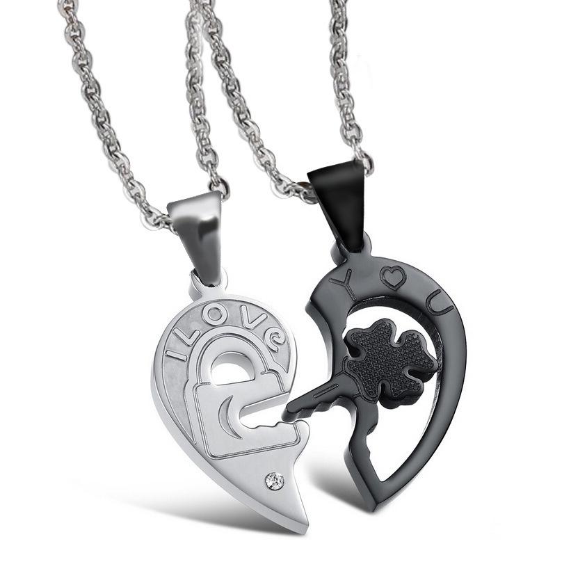 Qixi Valentine s Day Couple Heart Key Patchwork Black & White Matching Necklace