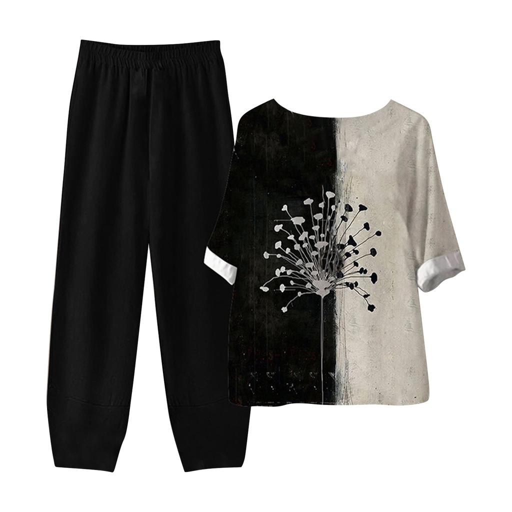 Dámské letní topy s polovičním rukávem s potiskem, elastický pas, devítidílné kalhoty, dvoudílná sada