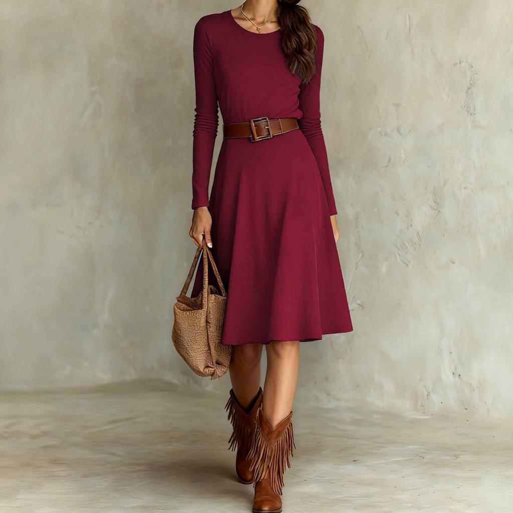 Fashionable Women's Elegant Western Round Neck Knitted Long Sleeved Spring And Dress