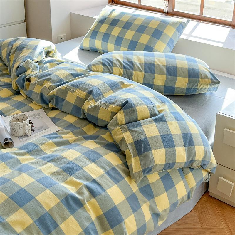 Retro Striped Four-piece Set, Cotton Pure Cotton 100 Washed Cotton Bed Sheet Quilt Cover, Male Student Dormitory Bed Three-piece Set 1