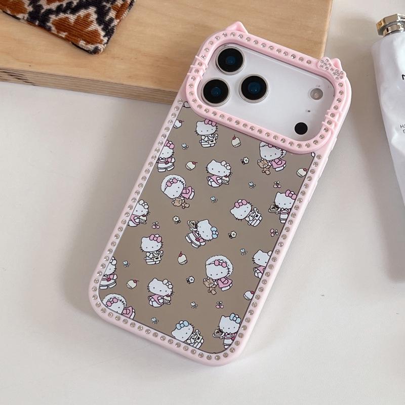 

Ins Cute Double-Sided Rhinestone Full Screen KT Makeup Mirror for iPhone 17 Pro Max/16/15 Pro Max Cases. iPhone 16