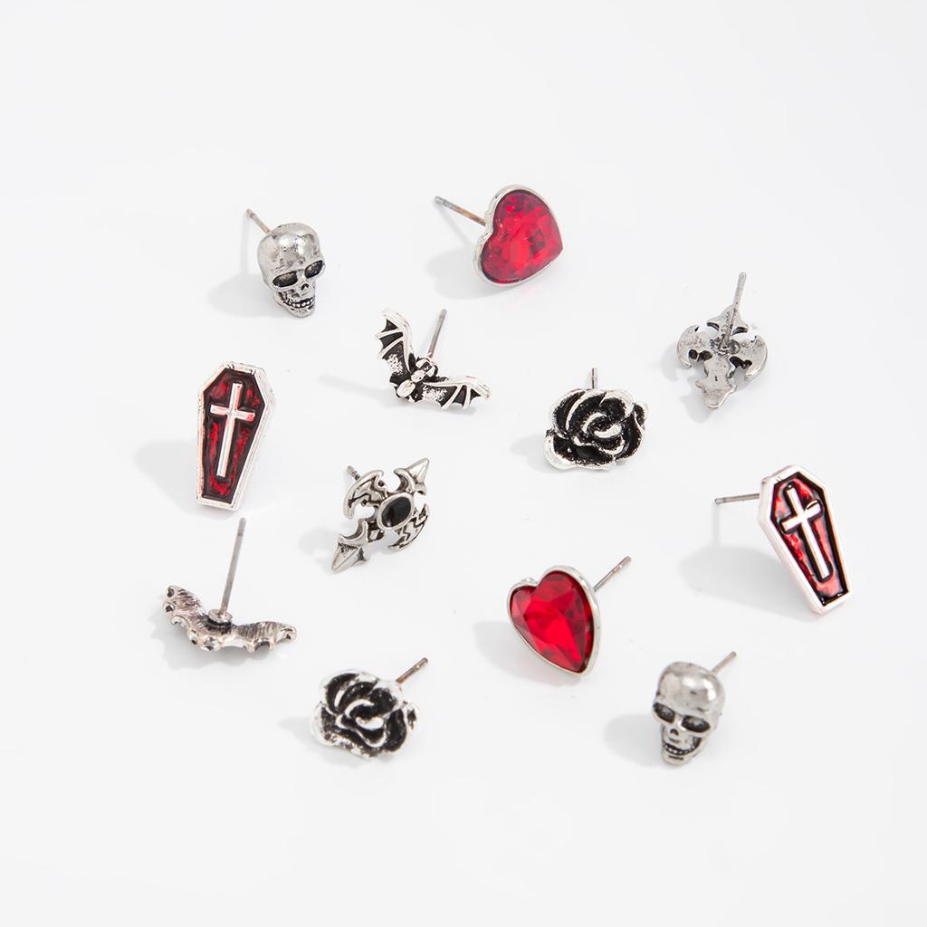 Creative Halloween Cartoon Oil Drip Ghost Pumpkin Stud Earrings Set Dark Wind Cross Skull Head Earrings