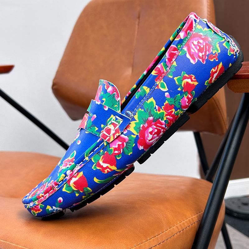 Men’s Moccasins Driving Shoes Comfort Leather Flats Casual Slip-ons Plus Size Flower Print Shoes for Men