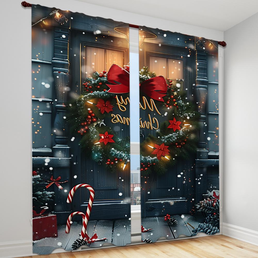 2 Pieces Christmas Deer Bell Pine Branch Patterns Curtains Rod Pocket Mount Digital Printed Polyester for Living Room Kitchen