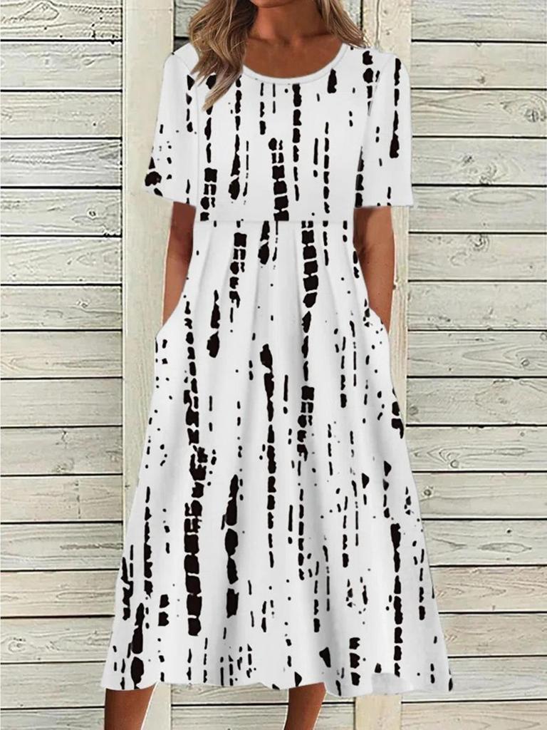 O Neck Print Flowe Dress Middle Waist Elegant Large Swing Type Dress for Women Short Sleeve Loose Dresses Causal Dress