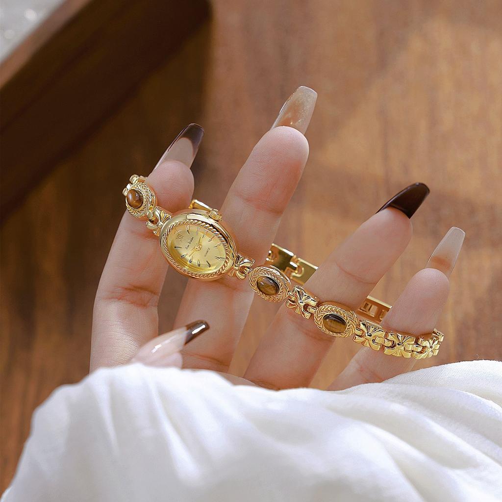 Vintage Oval Damenuhr Armbanduhr mit natürlichem Tigeraugenstein IP-beschichtete Legierung Quarz Uhr Retro Leichter Luxus Damenuhr für Kleider