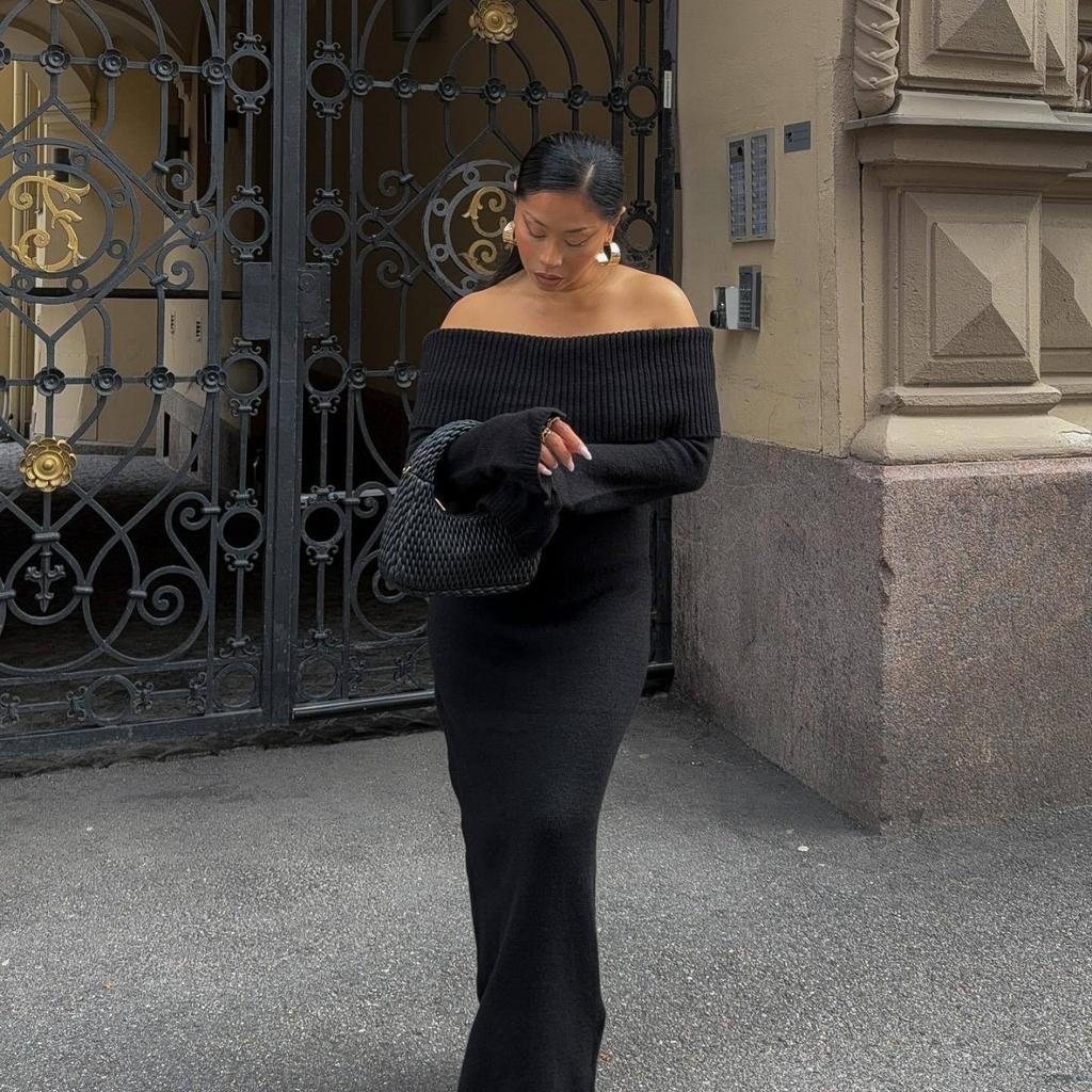 Off Schulter Stricken Kleid Frauen Elegante Mode Lange Ärmeln Schlank Robe Weibliche AutumnSolid Weiche Party Kleider Dame