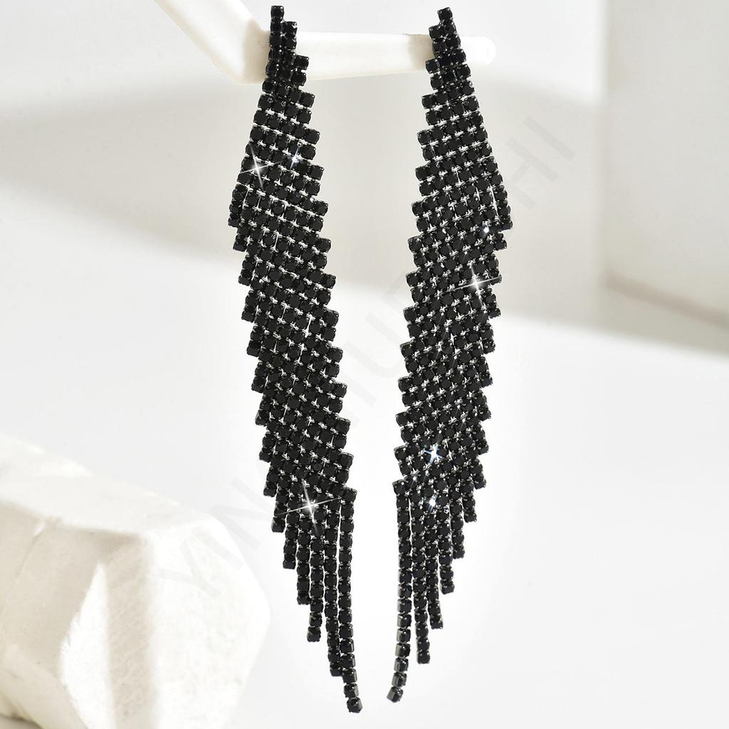 European and American fashion personality full diamond fringed earrings temperament celebrity stud earrings long lines show face thin earrings