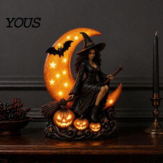 Halloween Witch Decoration Lamp, Gothic Crescent Moon LED Night Light, Weighted Base Figurine Spooky Decorative Table Lamp for Bedroom Bookshelf Home