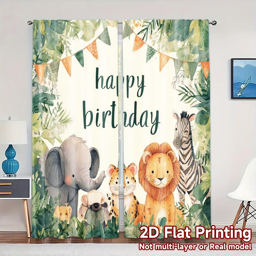 

Set Of 2 Flat Printing Curtains Without Rod Jungle Party Popular Polyester All Seasons Semi Transparent Curtain W100*H70(CM)-Grommet top&1PCS