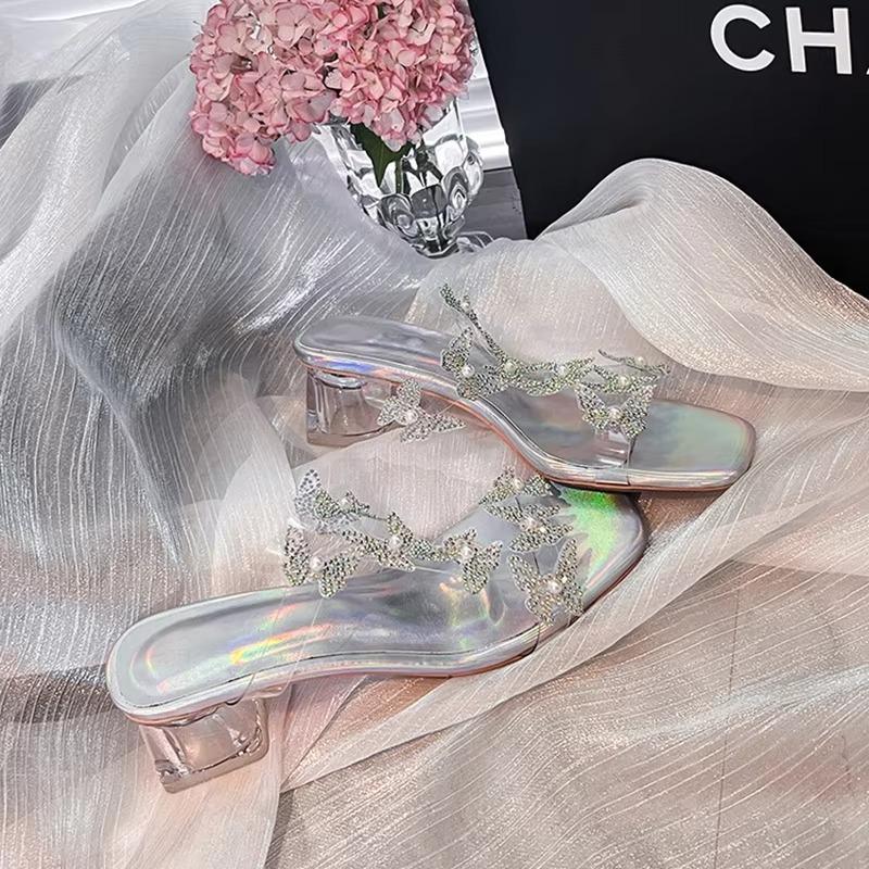 Fashion Rhinestone Sandals Women 2025 Summer New Fairy Wind Beautiful Fashion Butterfly Crystal Heel High Heel Half Slippers Outer Wear
