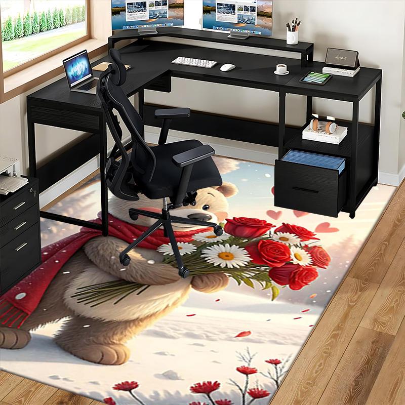 1pc Anime Cartoon Design Valentine's Day Gift - Teddy Bear with Red Roses and Hearts Office Chair Mat Non-Slip Carpet Suitable for Home Decor Living R