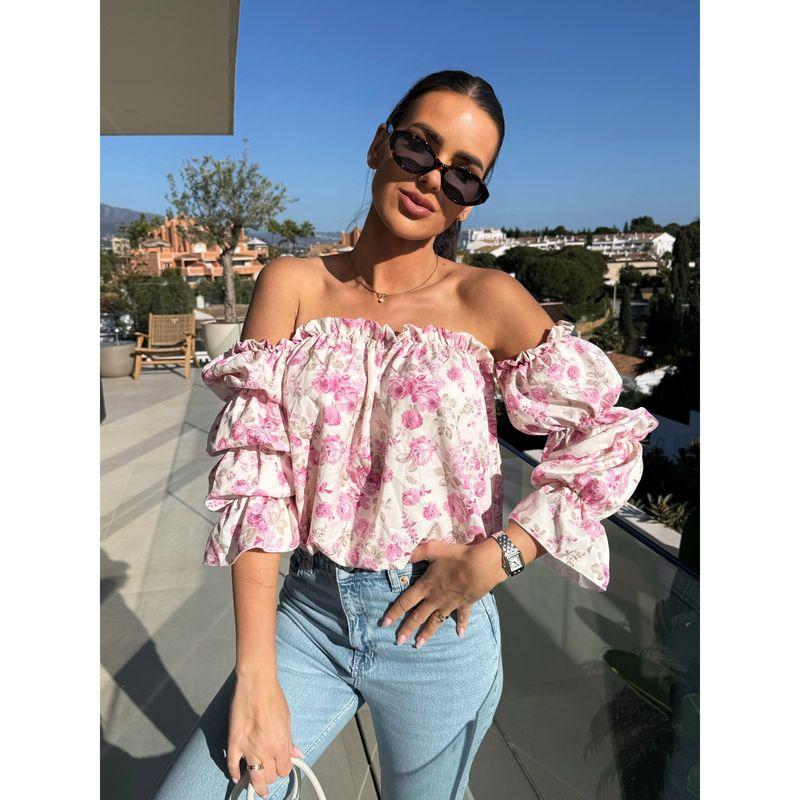 

Стильная блузка с открытыми плечами, цветочным принтом и рукавами-буфами для женщин, европейские товары, новинка весны и лета 2025 года, чистое желание, элегантная, стройнящая, трендовая Pink Flower XL
