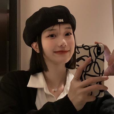Black Sweet Cool Beret Women's Autumn and Winter Style Big Head Bud Painter's Hat Ins Face Small Octagonal Hat
