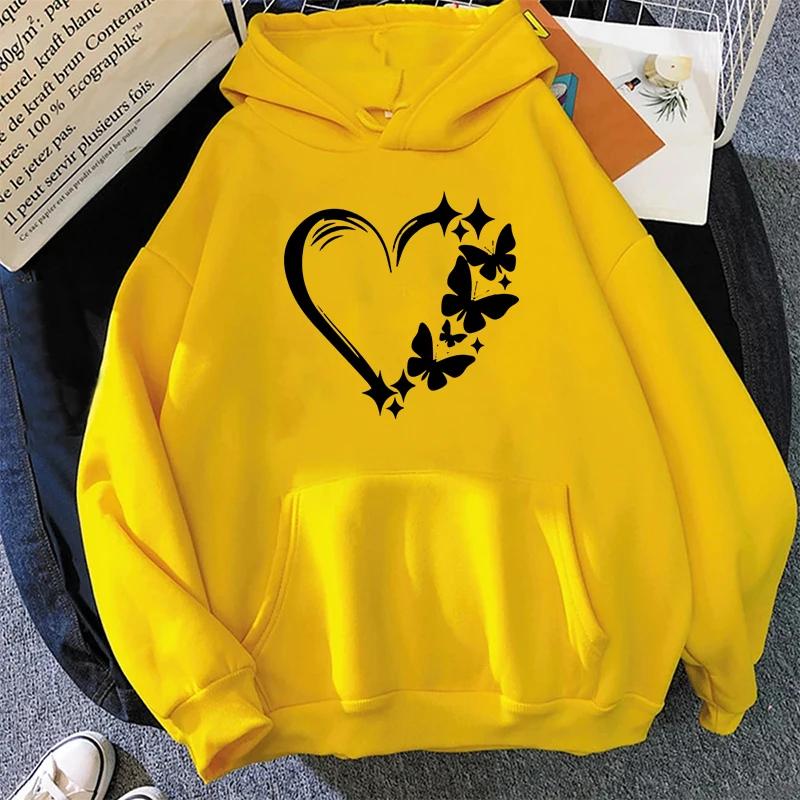 Love and Butterfly Pattern Hoodie Autumn Winter Women Casual Fashion Hip Hop Street Hoodies Simple Fleece O-Neck Sweatshirts