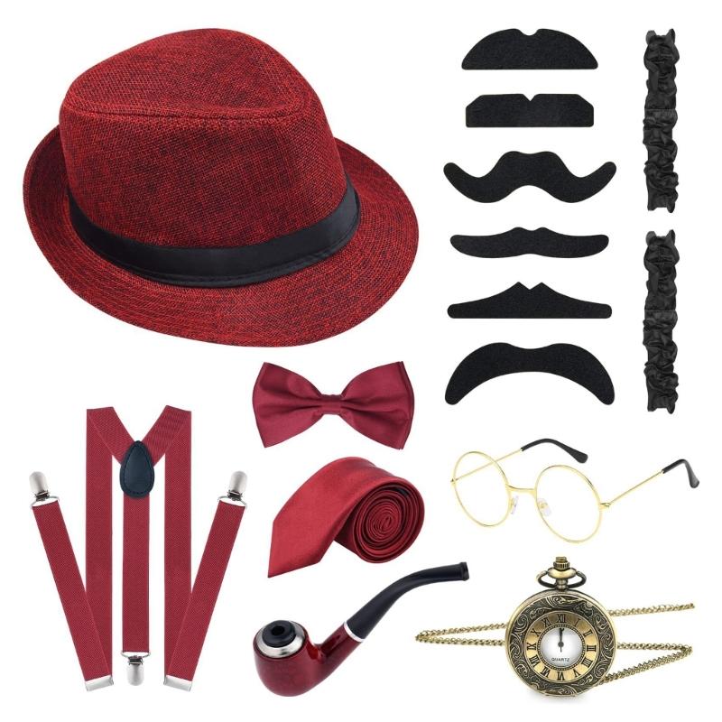 

Чоловічий костюм гангстера Аксесуари Костюм для рольової гри Підтяжки Циліндр Метелик Окуляри Вбрання для вечірки на тему 1920-х років кларет